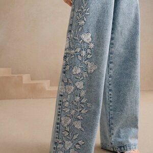 Blue Casual Women's Elegant Embroidered Floral Design Long Pants